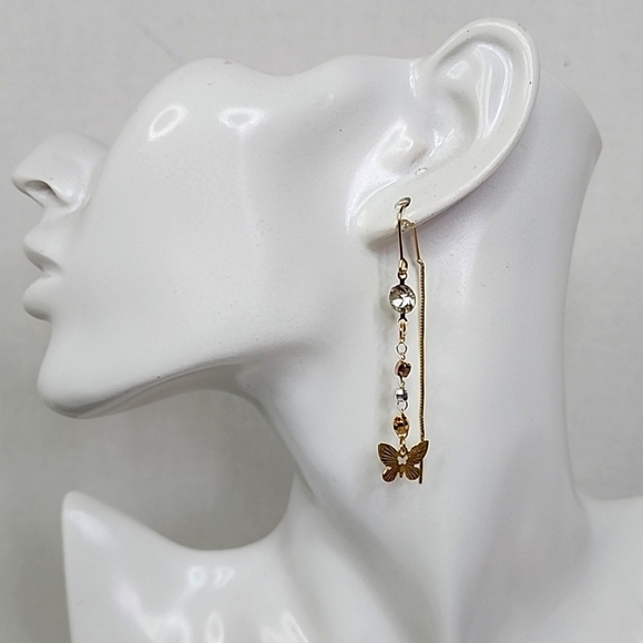 Gold Filled Threader Earrings Dangle Butterfly with Zirconia - Picture 3 of 8